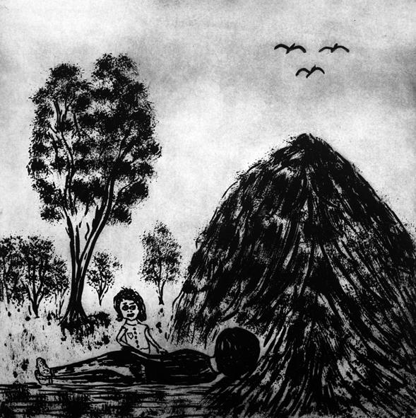 Person lying next to a haystack in a rural landscape with trees and birds in the sky.