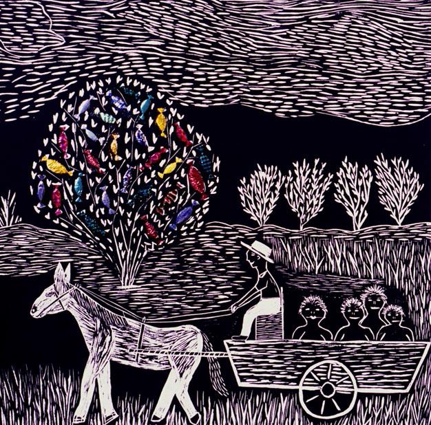 Artistic depiction of a donkey pulling a cart with people, a colourful tree, and abstract landscape elements.