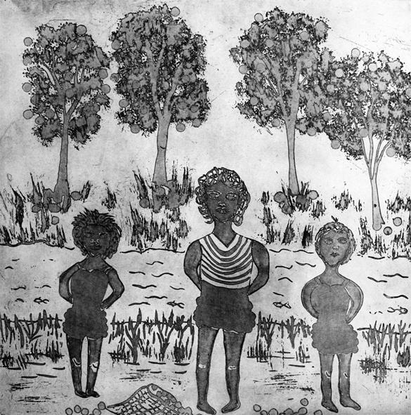 Three children standing by a river with trees in the background.
