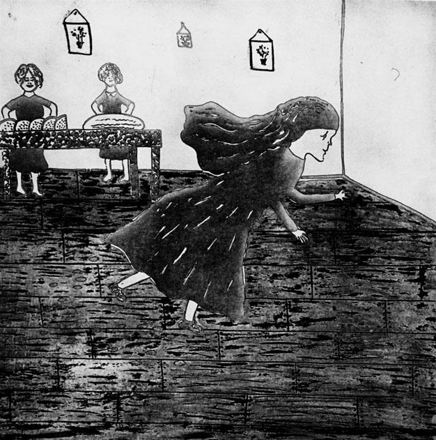 A monochrome illustration of a person moving toward a room corner, with two figures standing behind a table in the background.