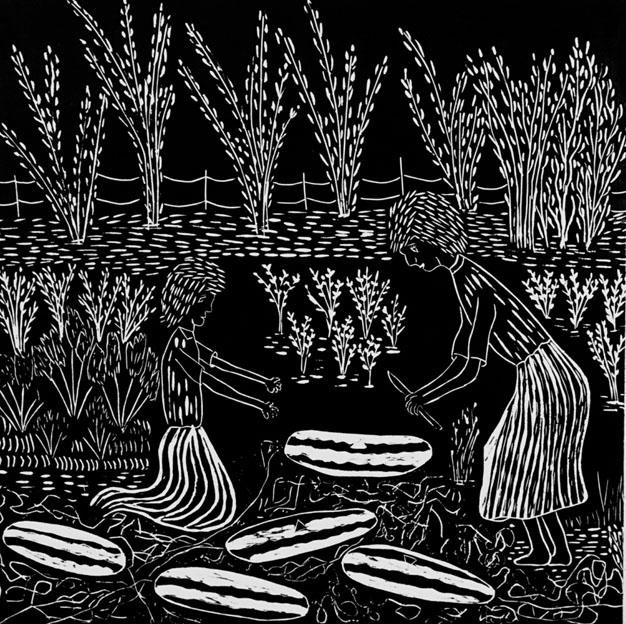 Black and white illustration of two figures tending crops with elongated objects on the ground, surrounded by plants.