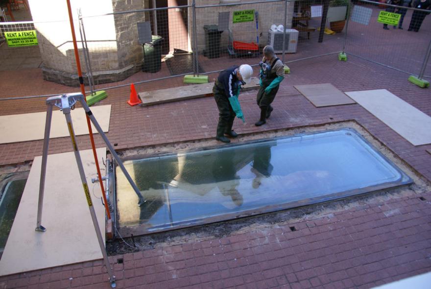 People inspecting Megamouth's old below-ground tank at the WA Museum - Perth