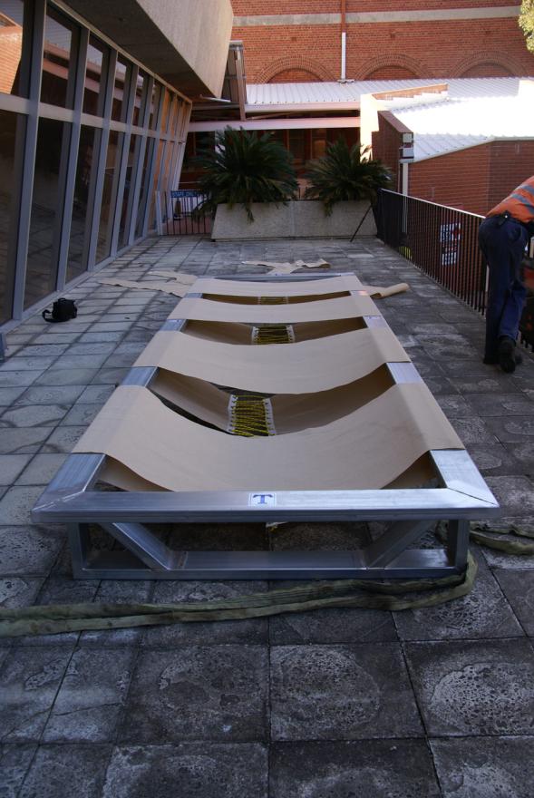 A sling and frame prepared for moving a megamouth shark