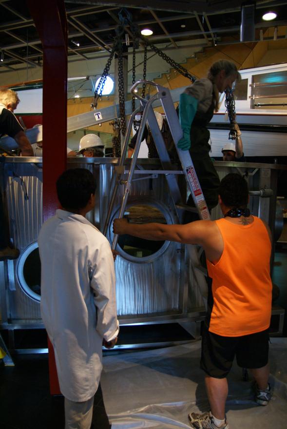 A megamouth shark is lowered by a crane into its new custom-built display tank