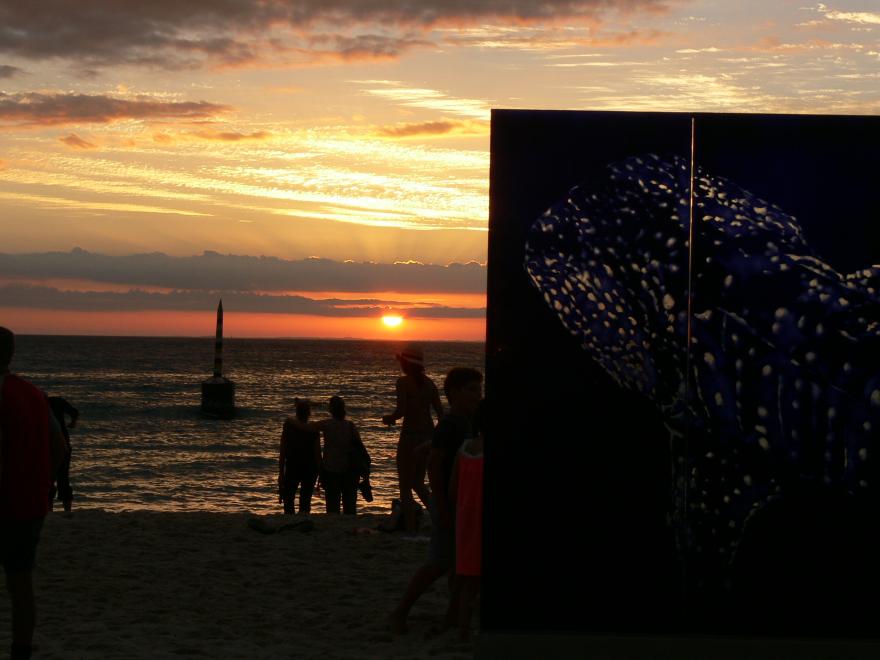 A glass sculpture on display at a beach at sunset