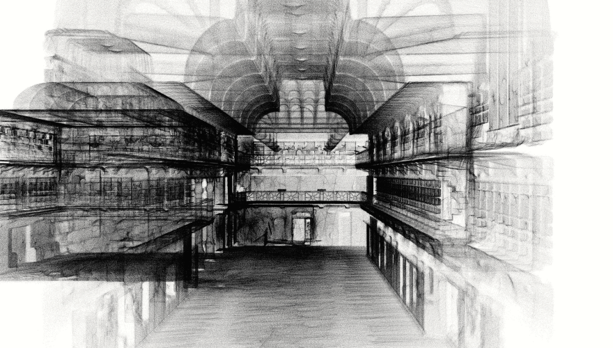 A black and white rendering of a WA Museum gallery