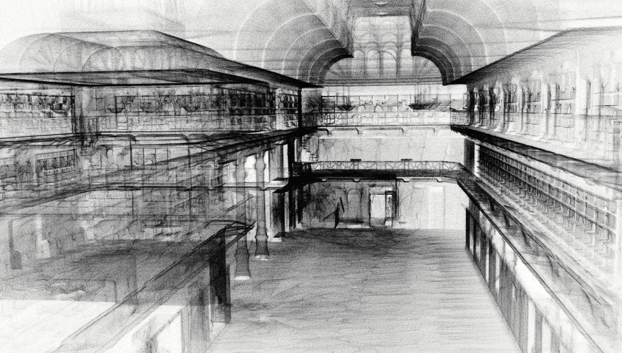 A black and white rendering of a WA Museum gallery