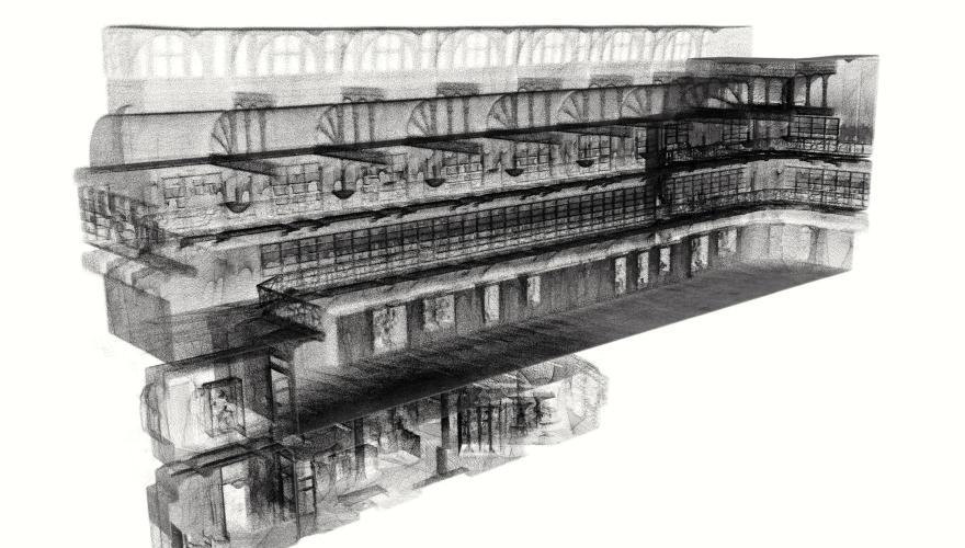 A black and white rendering of a WA Museum gallery