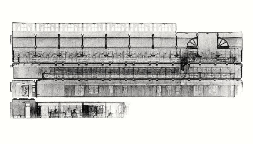 A black and white rendering of a WA Museum gallery