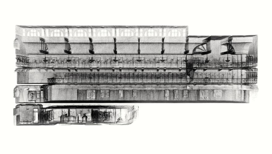 A black and white rendering of a WA Museum gallery