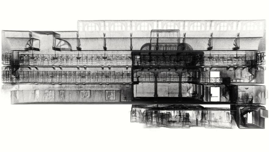 A black and white rendering of a WA Museum gallery