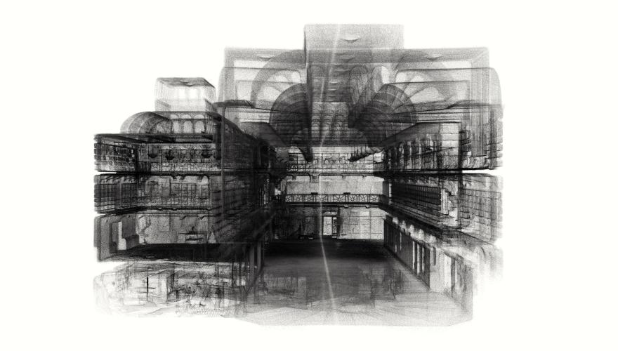 A black and white rendering of a WA Museum gallery