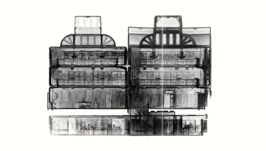 A black and white rendering of a WA Museum gallery