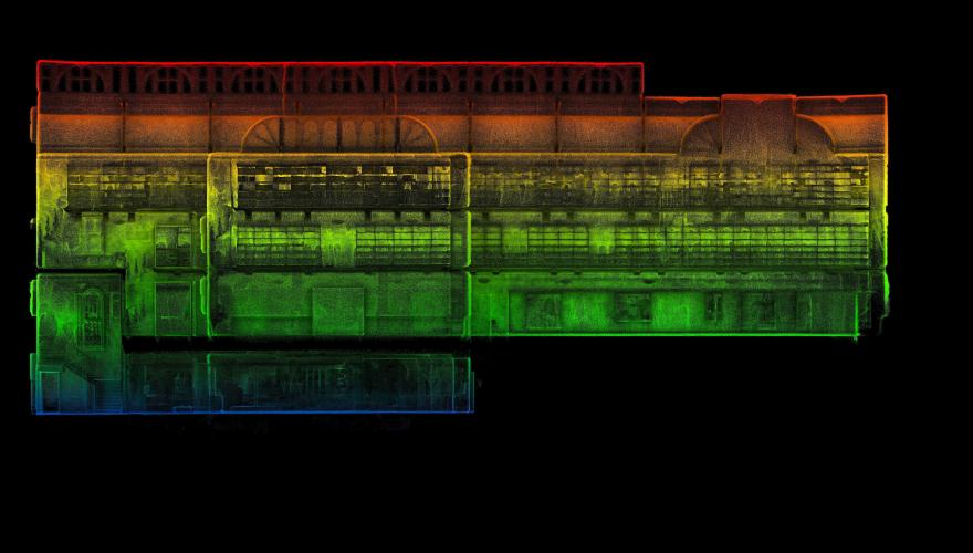 A rainbow coloured rendering of a WA Museum gallery on a black background