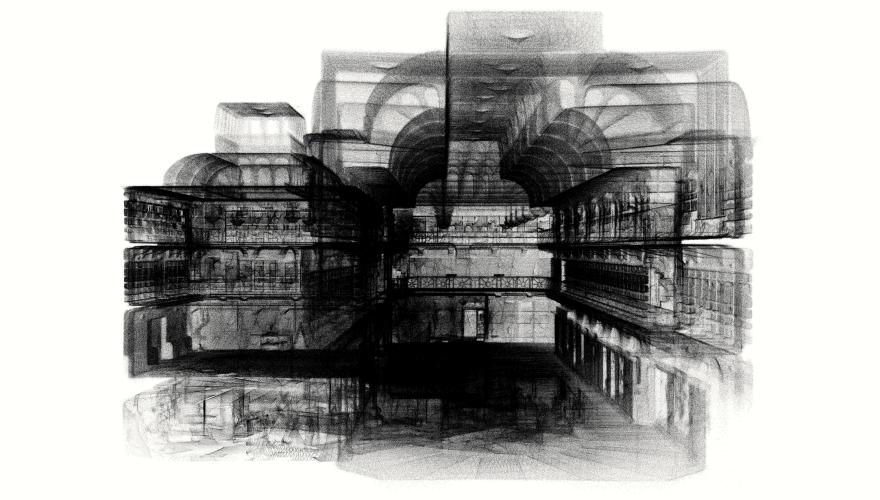 A black and white rendering of a WA Museum gallery