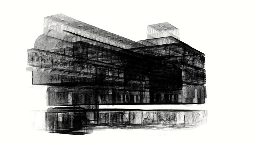 A black and white rendering of a WA Museum gallery