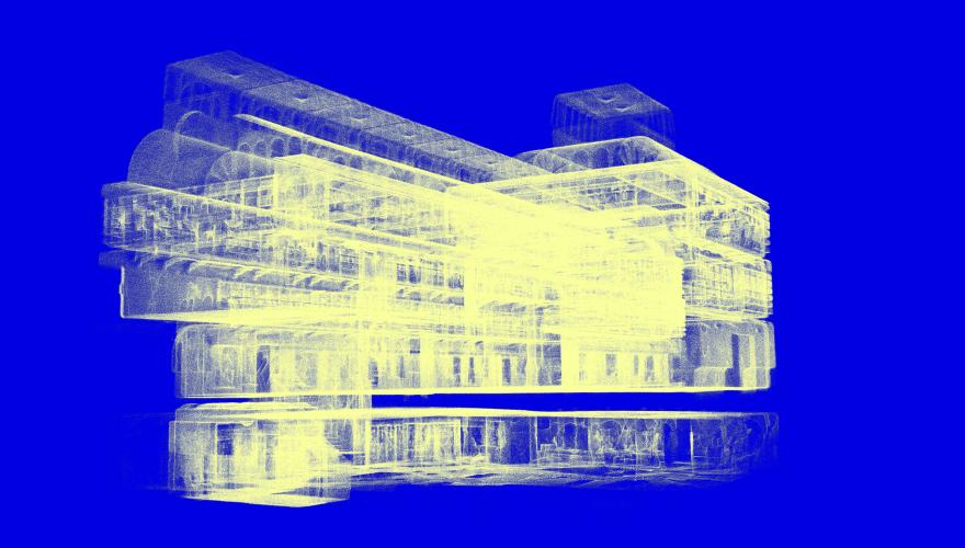 A blue and yellow rendering of a WA Museum gallery
