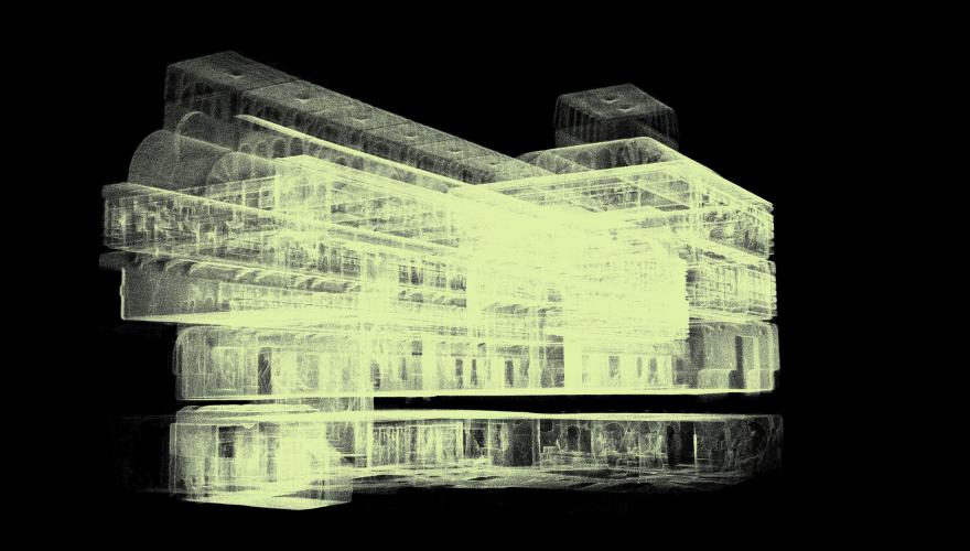 A black and yellow rendering of a WA Museum gallery