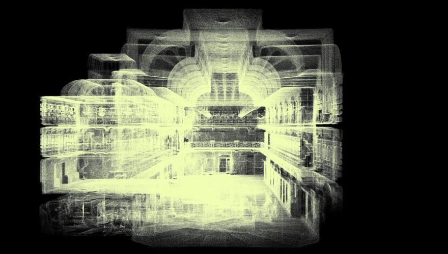 A black and yellow rendering of a WA Museum gallery