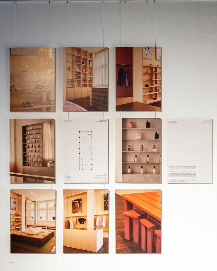 A wall grid of 9 sepia toned images of furniture and designs in homes against a white wall