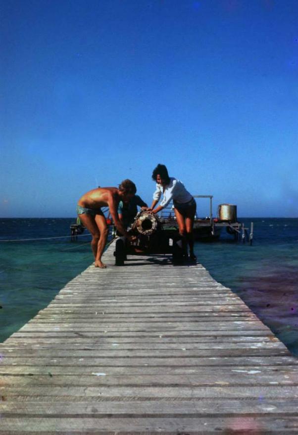 Two people wheeling a cannon on a wooden pier by the sea