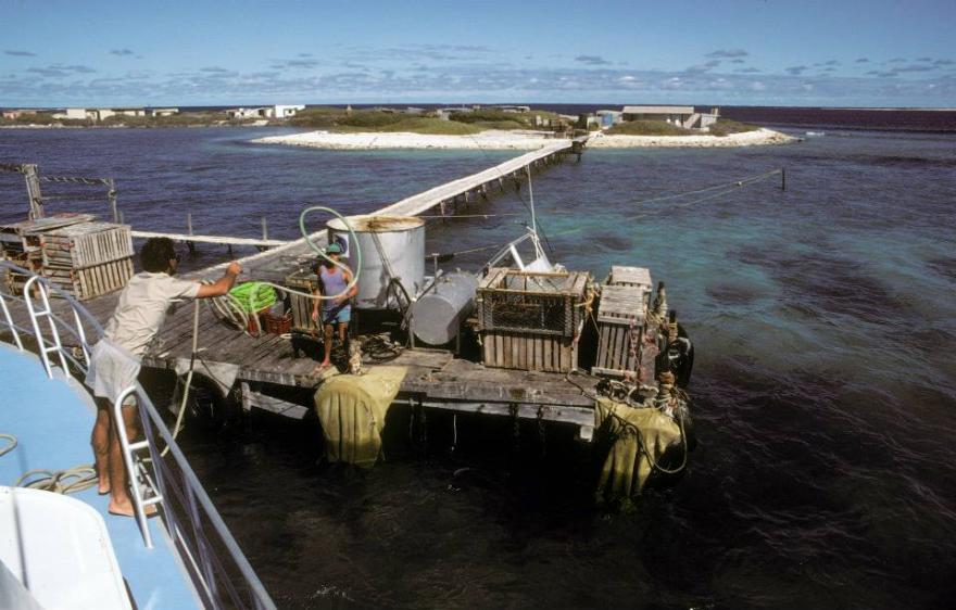 A dock with equipment and two people near a small island in the ocean.