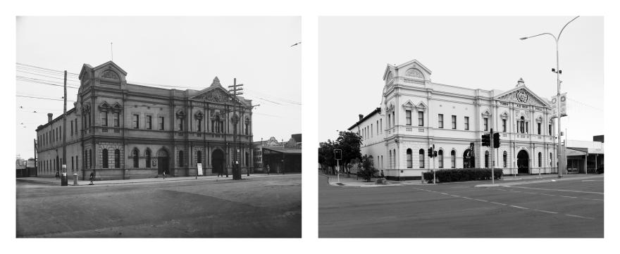 Two side-by-side images of the Kalgoorlie Town Hall from 1919 and 2023.