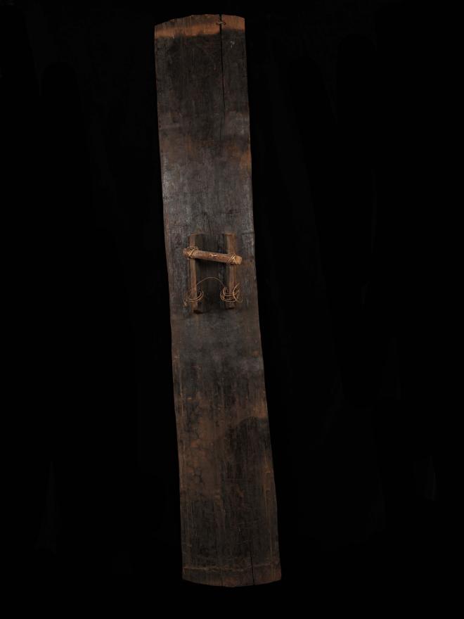 A finely carved, black Iwam war shield from the lower May River area, East Sepik Province. Concentric circles supposedly represent human skulls. Front View.