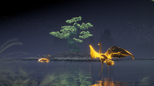 Still from a multimedia experience, showcasing two glowing, golden flamingos stand in shallow water at night, with a luminous green tree and starlit sky in the background.