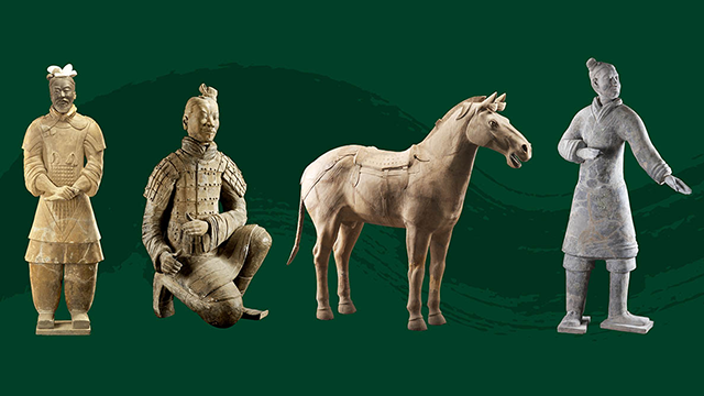 Four Terracotta Army figures against a dark green background: a standing eneral with folded hands, a kneeling archer in detailed armour, a saddled horse and a standing attendant gesturing to the side.