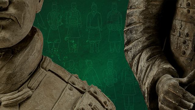Close-up view of two Terracotta Warrior statues with a green background featuring faint line drawings of similar figures