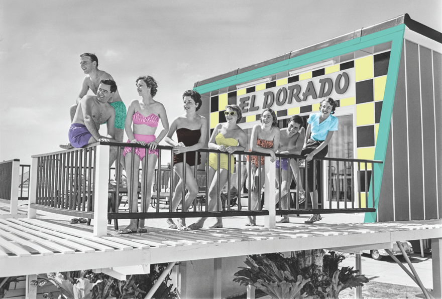 A vintage photo partially colourised featuring a group of young adults in swimwear standing on a patio outside the El Dorado Motel