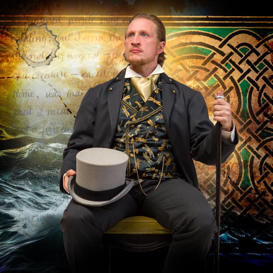 A man in 19th-century attire sits with a top hat and cane against a vibrant, artistic background of ocean waves and Celtic designs.
