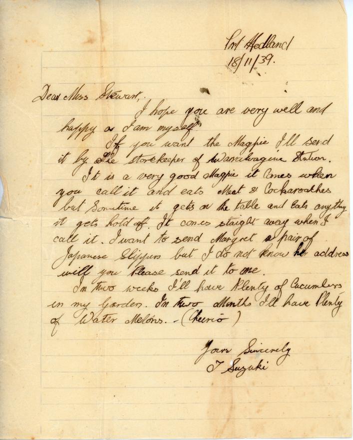 A handwritten letter from Suzuki to Jean Stewart.