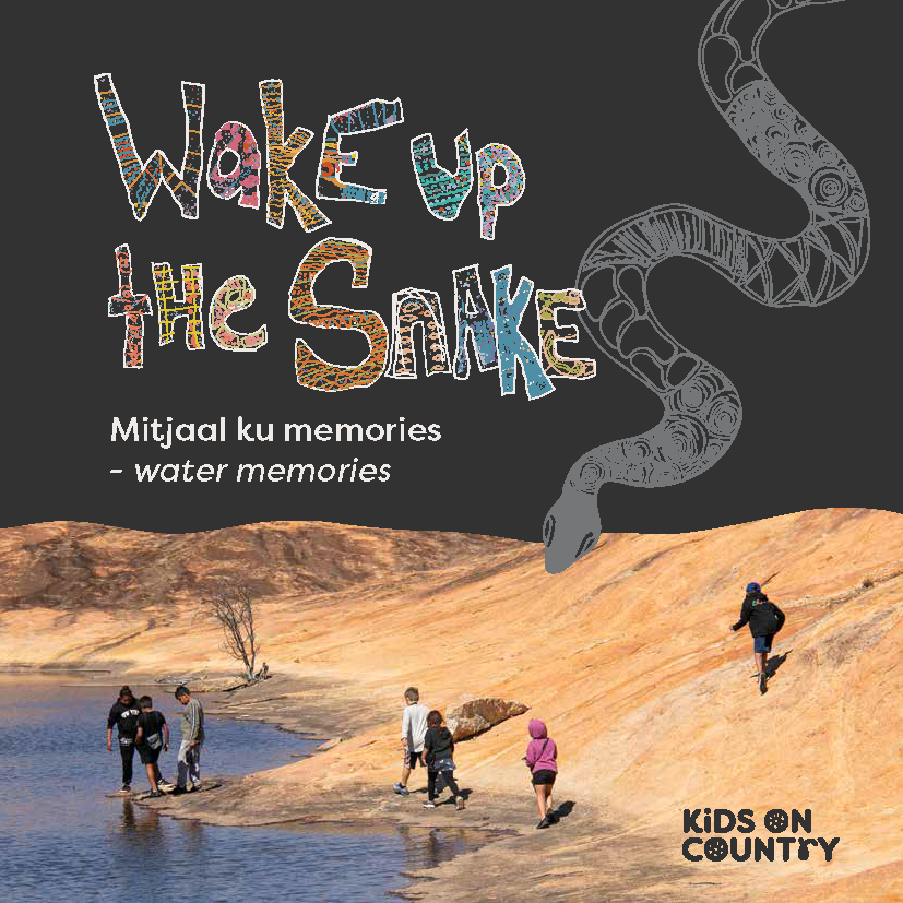 'WAKE UP THE SNAKE' imagery featuring a drawing of a snake and a photograph of people walking near the shore of a lake