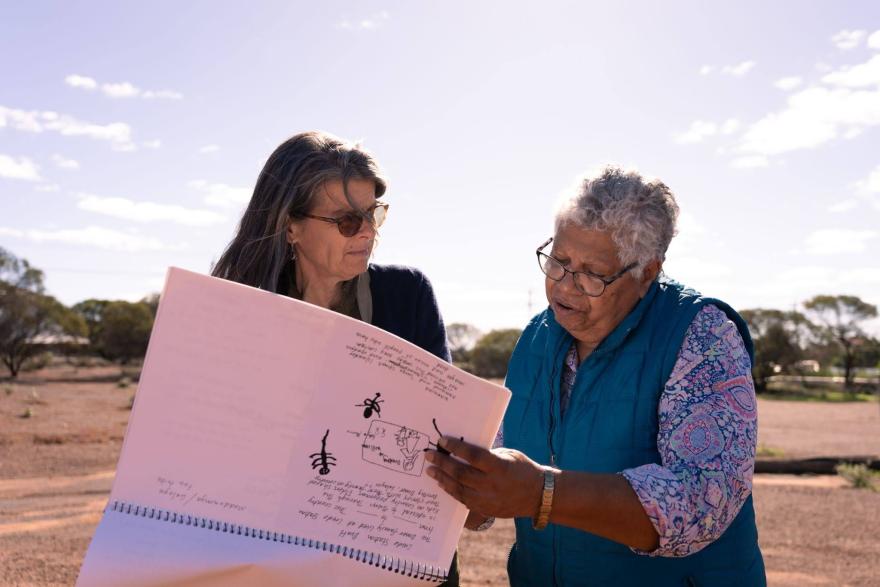 Two people look through a large folio standing in an outback area