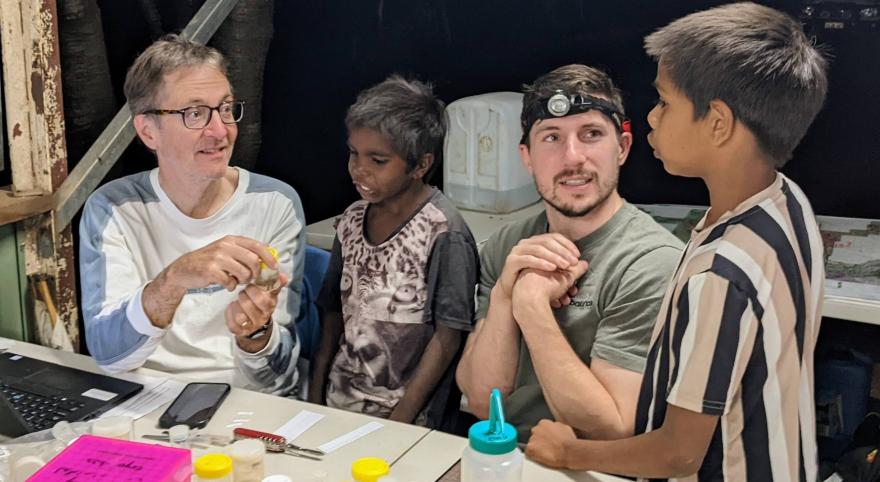 Mark Harvey and Jeremy Wilson in field lab with children from Wilinggin Countrys