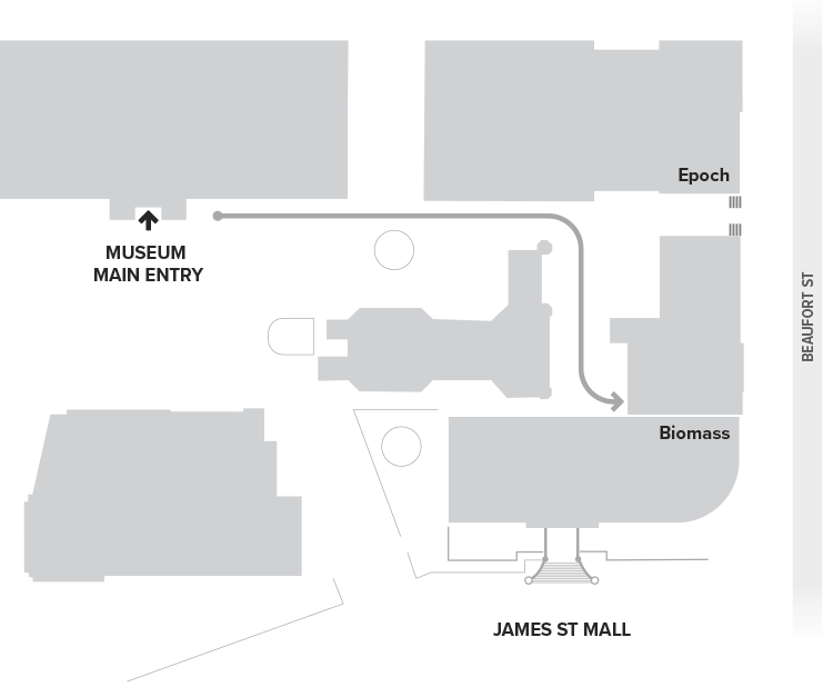 Map of WA Museum Boola Bardip showing the route to the Biomass exhibition
