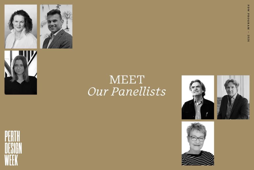 Golden Backgground containing 6 Black and WHite photos as well as a logo for Perth Design Week