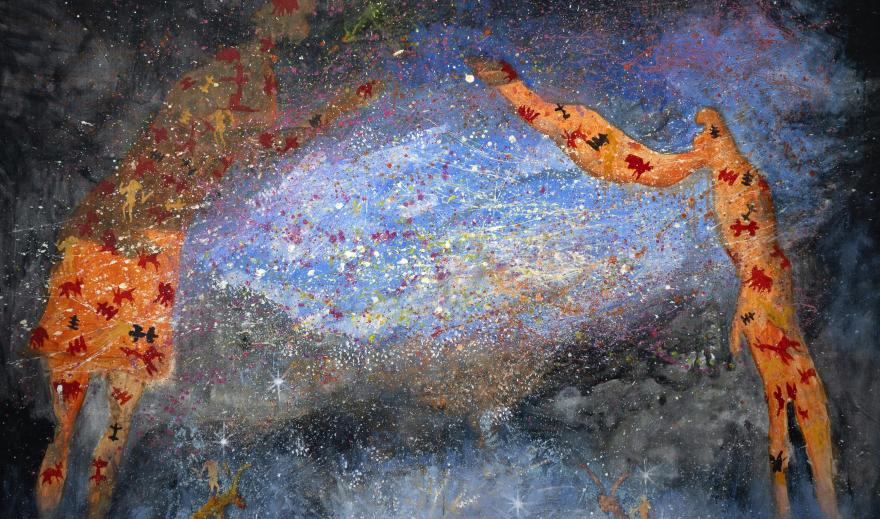a painting depicting a man and a woman doing a KhoeSan celebration and they transform into mythological beings