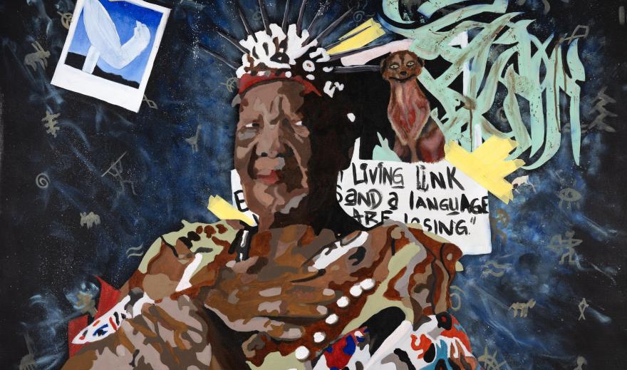 a painting of a person wearing a headpiece with background of a small animal behind them, a sign and a sky