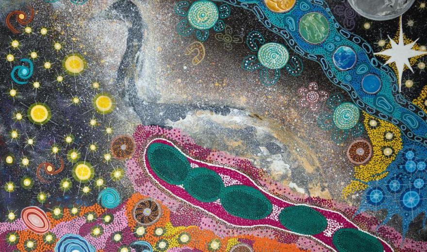 an artwork of the night sky with lots of vibrant colours and shapes