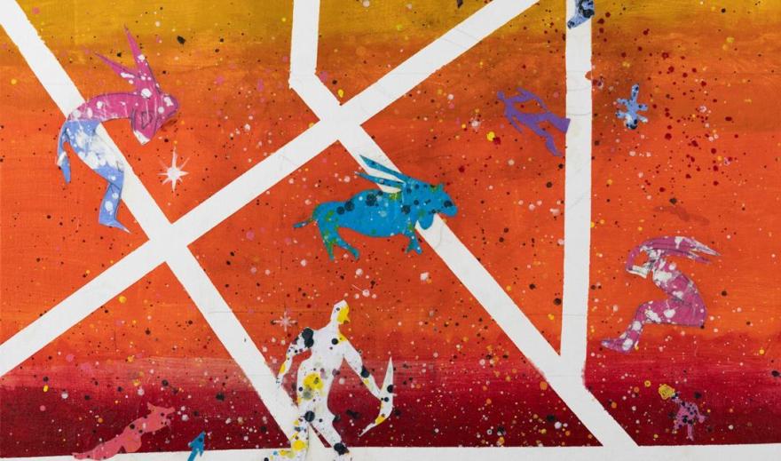 an artwork with orange and white dominant colours depicting a scene of people and animals and lines connecting them and a background