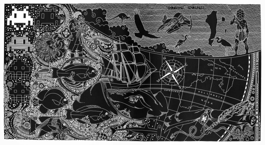 Black-and-white illustrated artwork combining marine life, a sailing ship, a map of northern Australia, a compass rose, birds, cultural figures, and traditional patterns, alongside Space Invaders-style icons and modern imagery, symbolising connections between culture, history, sea country, and navigation.