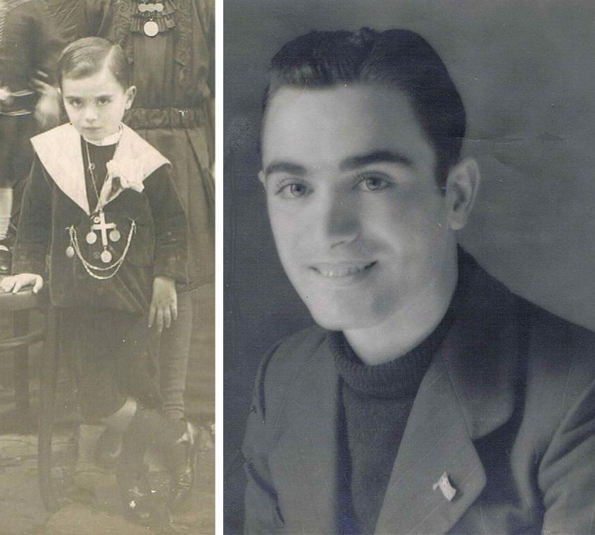 Two older black and white photographs of a young man in a suit