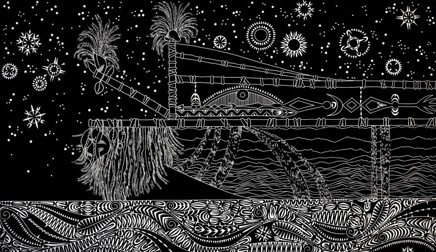 Black-and-white illustrated artwork symbolising connections between culture, history, sea country, and navigation.