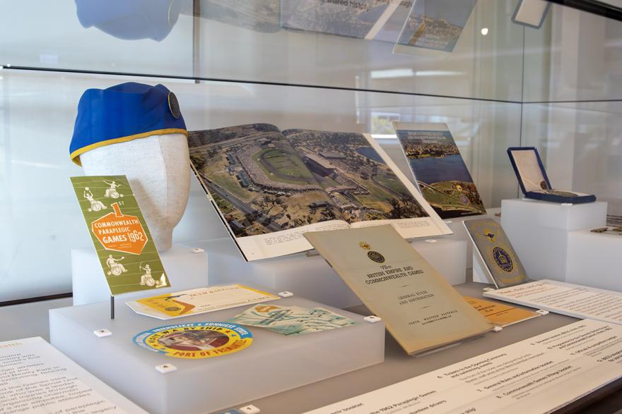 A display of items in a glass case