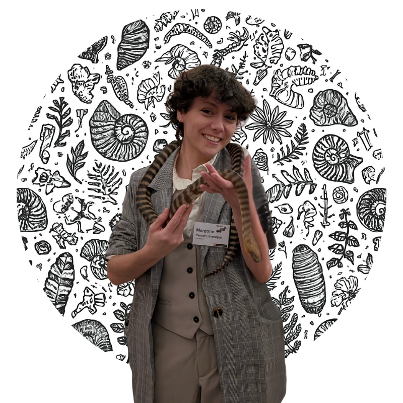 A woman with short brown hair, wearing a brown jacket, holding a snake around her neck