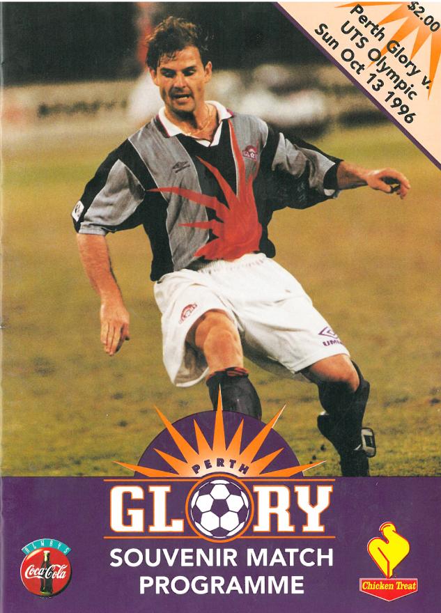 Cover of a 1996 Perth Glory match programme featuring a player in action on the football field.