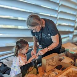 A mature female volunteer wearing a WA Museum tee shirt is looking through some aquatic zoology specimens with a young girl. The volunteer is holding a pearlescent shell, which the girl is examining with an interested expression.